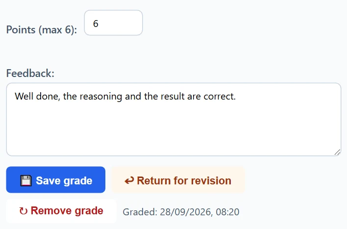 The form of a graded submission: Save grade, Return for revision, Remove grade and the grading time. Removing asks for confirmation in a separate window.