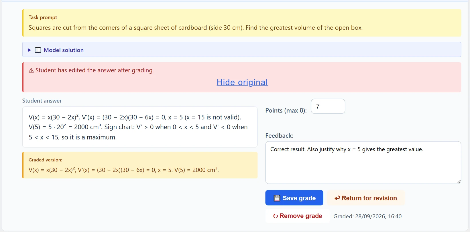 The change warning. “Show originally graded answer” has been opened: the graded version is shown below the current answer, and the button now reads “Hide original”.