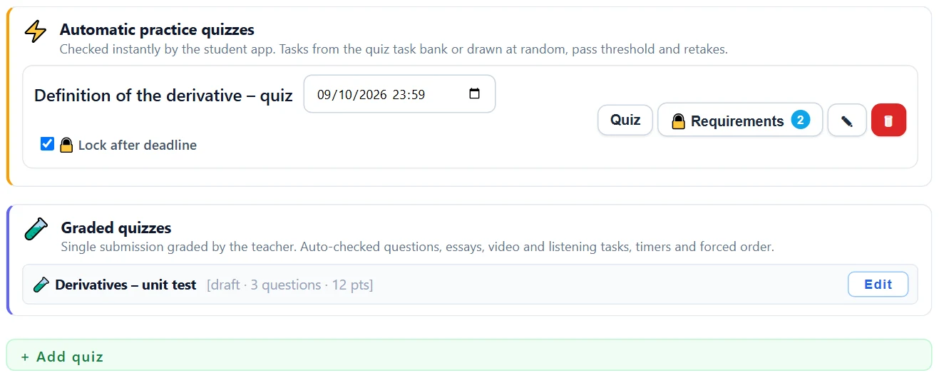 The topic’s Quizzes panel: automatic practice quizzes and graded quizzes (hybrid quizzes) in the same view. Each practice quiz is its own row: name, deadline, lock and action buttons (the number on Requirements = how many conditions are set).