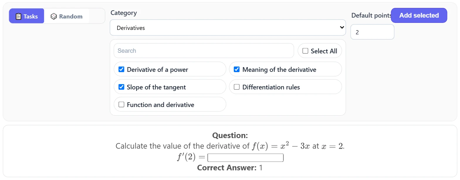📋 Tasks: choose a category and tick the tasks (Search and “Select All” help). When you move the mouse over a task, its preview and correct answer are shown below.