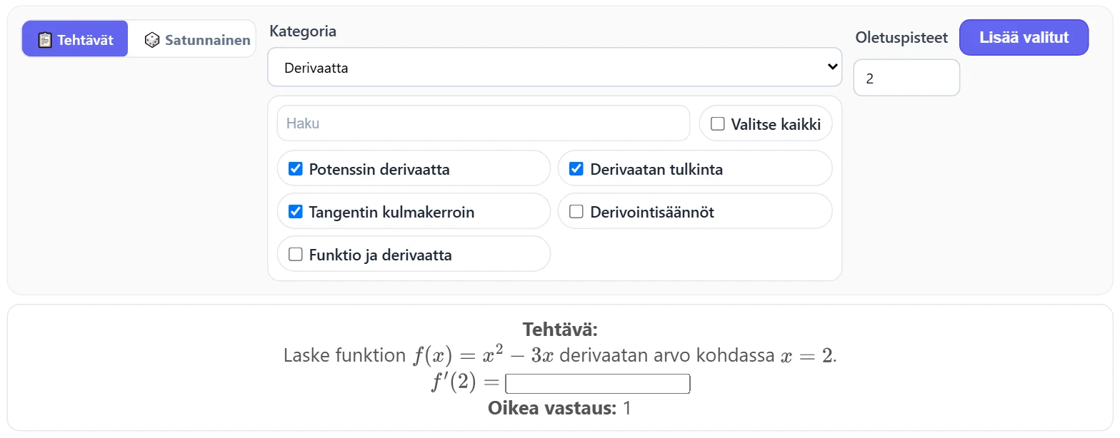 📋 Tehtävät: valitse kategoria ja rastita tehtävät (haku ja “Valitse kaikki” auttavat). Kun viet hiiren tehtävän päälle, sen esikatselu ja oikea vastaus näkyvät alla.