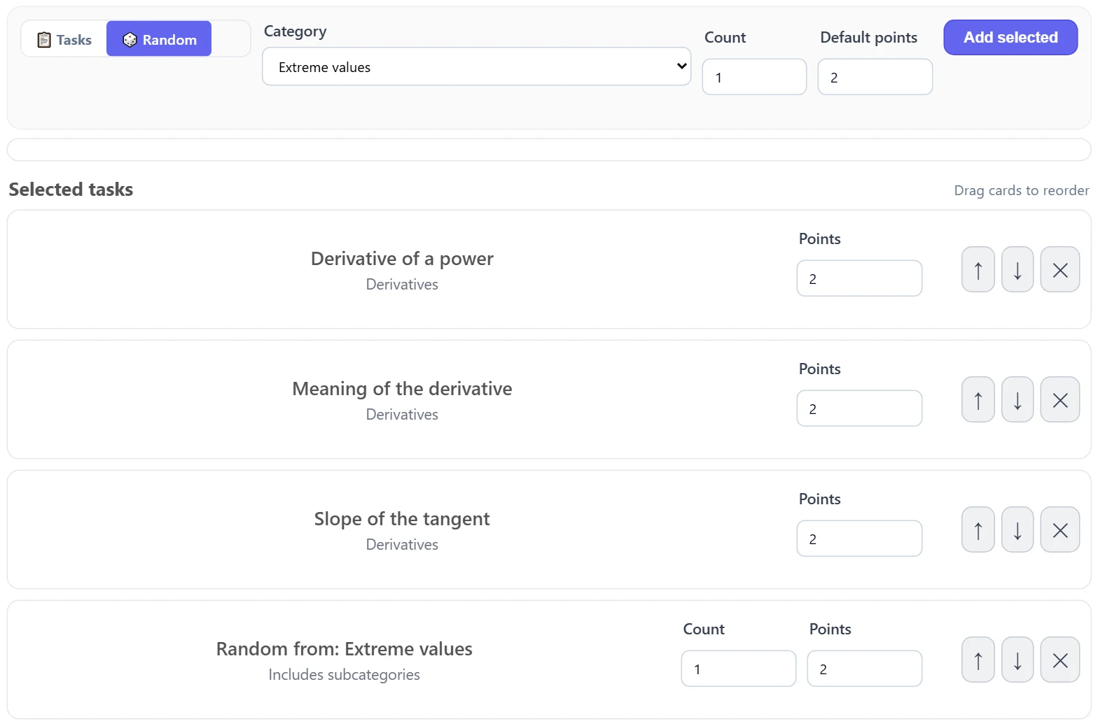 🎲 Random: category and the number of tasks to draw → “Add selected”. The Selected tasks list has three directly chosen tasks and a random draw from the Extreme values category, each with its own points.