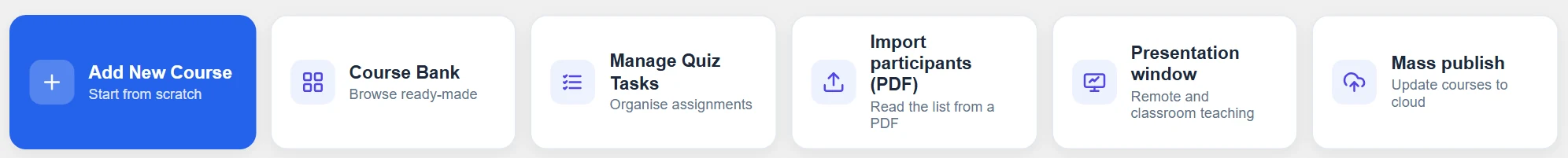The action cards of the Courses view. “Manage Quiz Tasks” opens the Task banks view on the Quiz tasks tab.