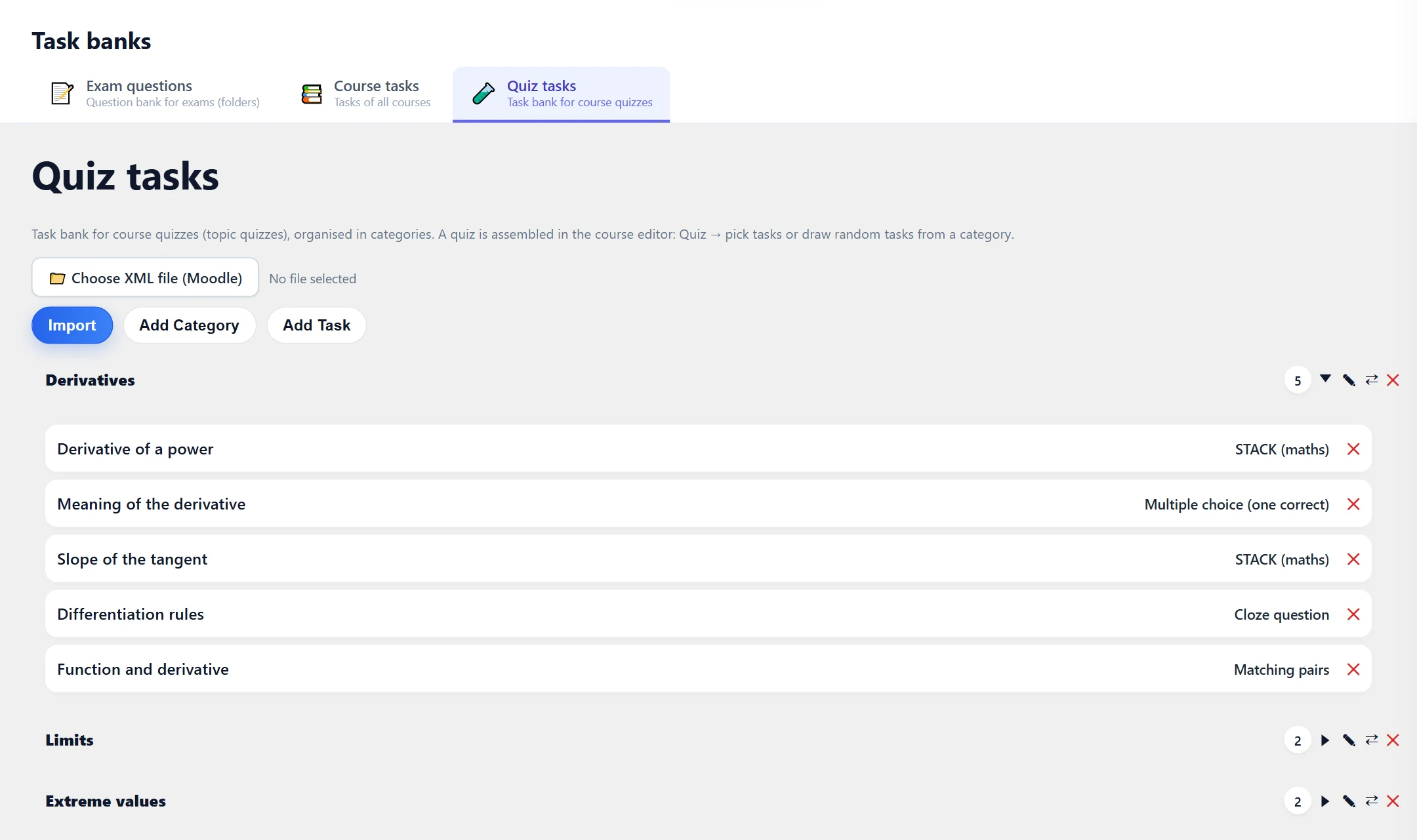 Task banks → Quiz tasks: file picker and the Import, Add Category and Add Task buttons; below, the categories (Derivatives open) and their tasks with task types.