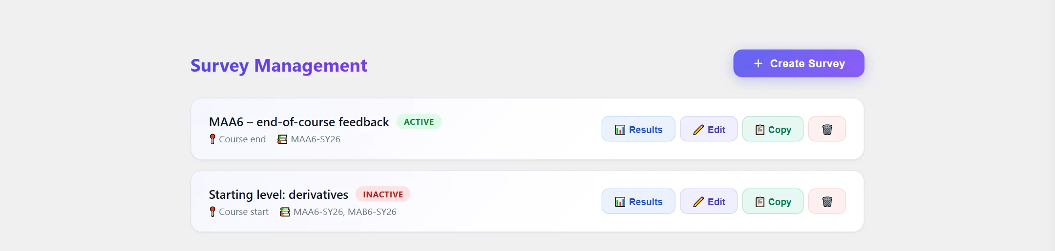 The survey list: status (Active / Inactive), 📍 placement, number of questions, linked courses and the Results / Edit / Copy / Delete buttons.