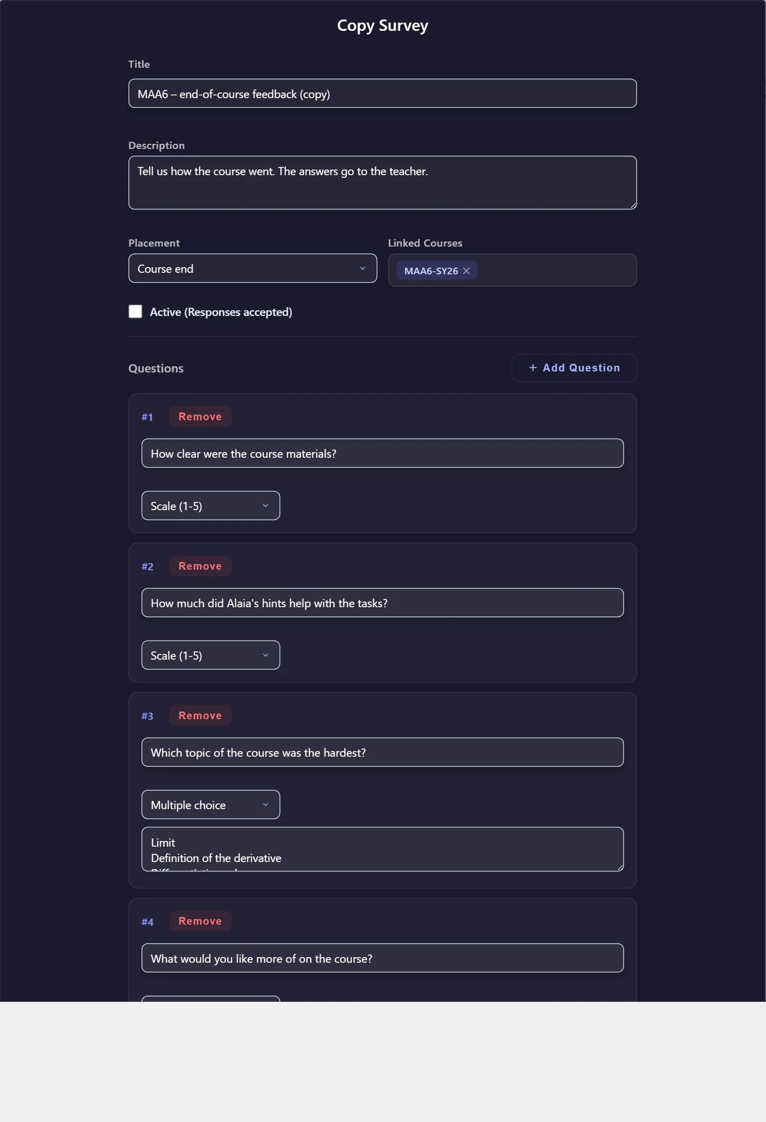 Copy Survey: the form is prefilled with the original survey, the title ends with “(copy)”, and Active is unticked.
