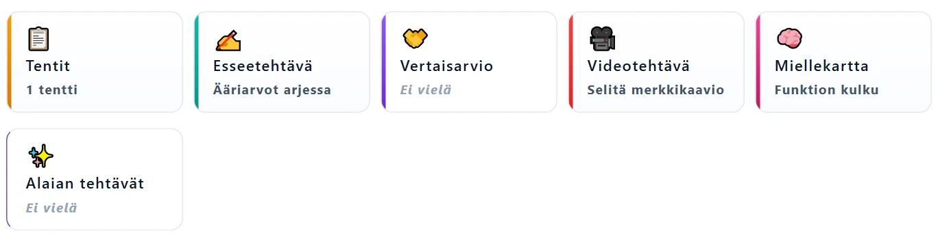 Aiheen tehtäväkortit: 🧠 Miellekartta on viimeisenä omana magentan värisenä korttinaan, jossa näkyy tehtävän nimi.