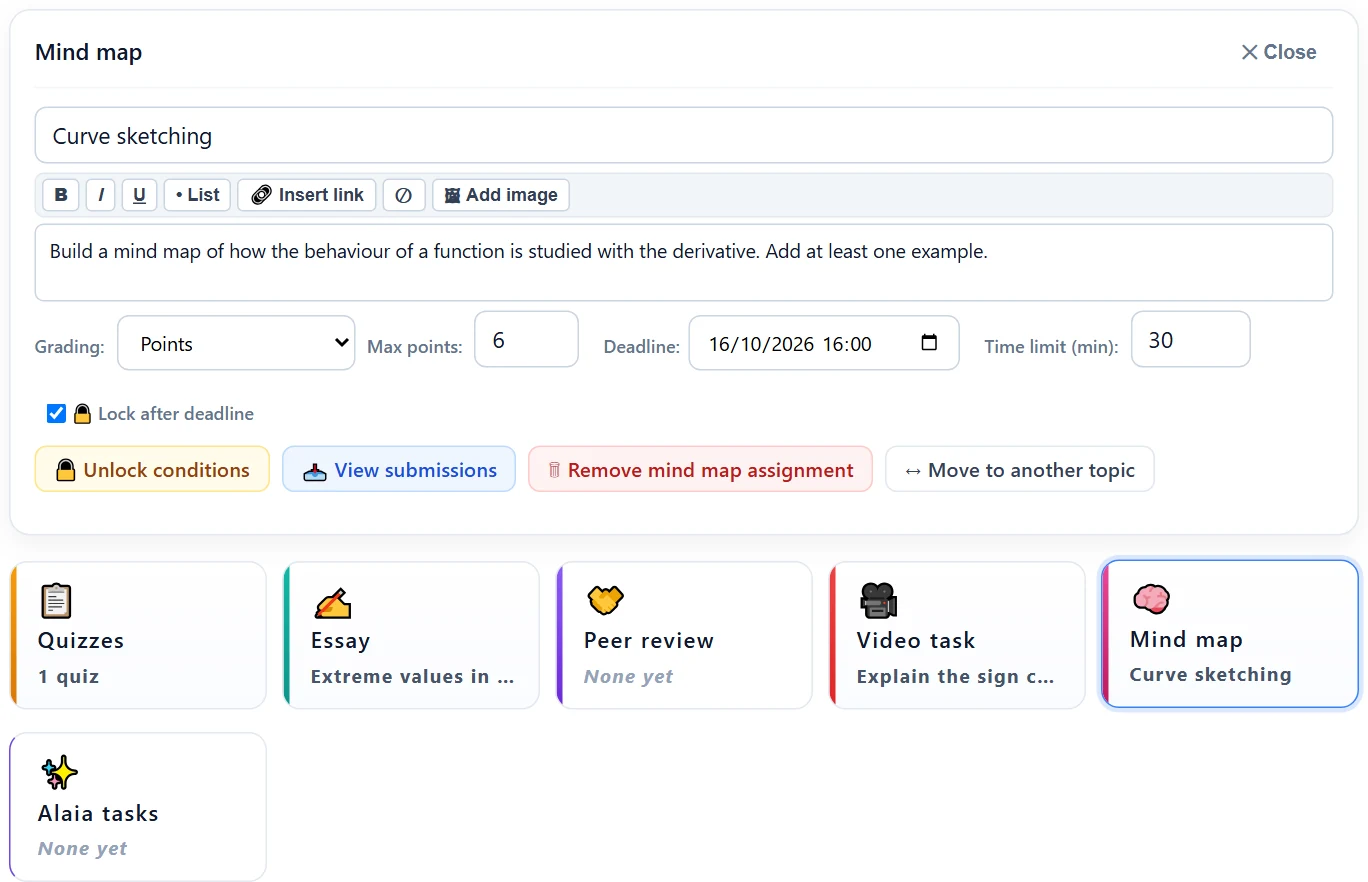 The mind map assignment fields: title, instructions, grading, max points, deadline, time limit and lock, plus Unlock conditions, View submissions, remove and move.