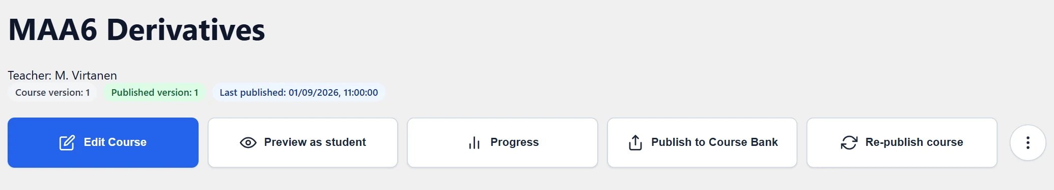 The action buttons on the course page. “Progress” opens the course progress window.