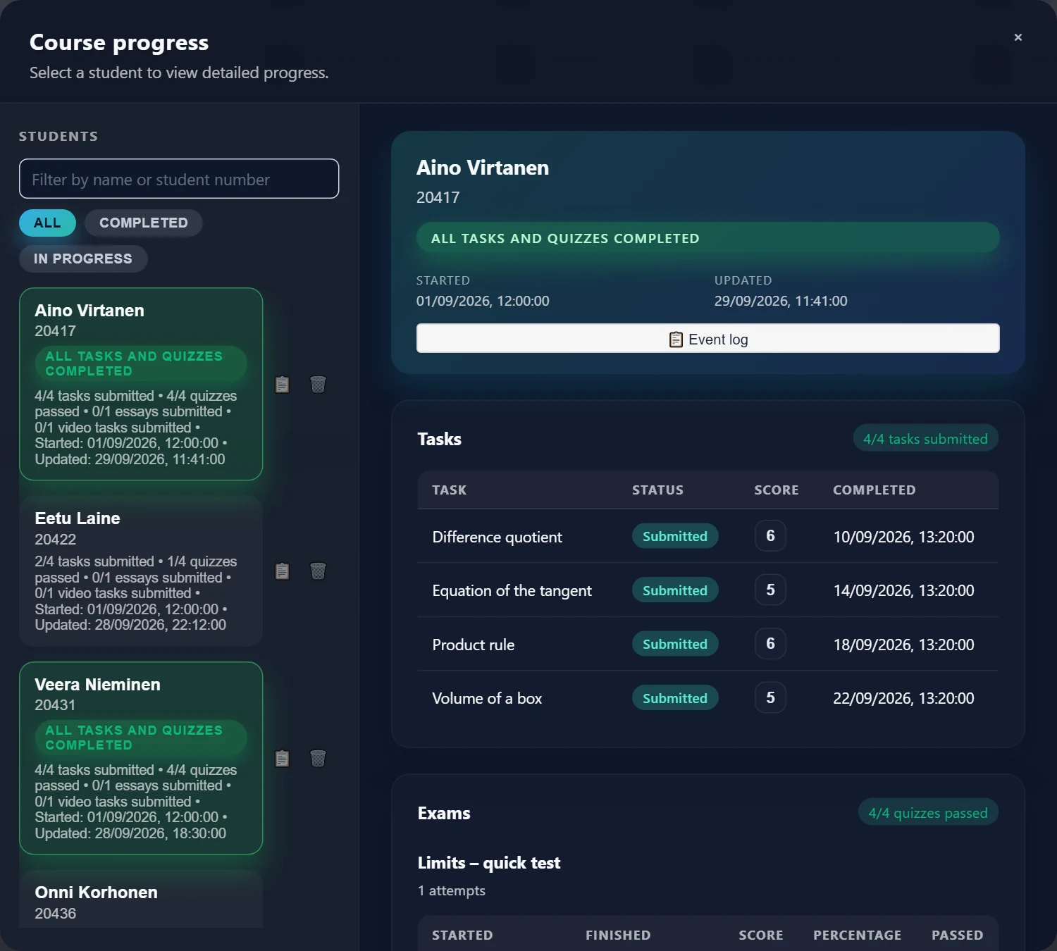 Course progress: the student list with filters and the selected student's tasks and exams.