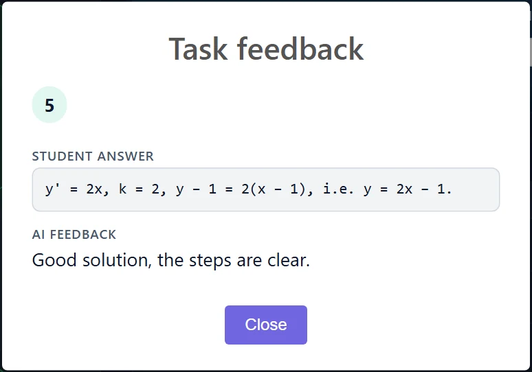 After clicking a score: the Task feedback window with the score, the student's answer and the AI feedback.