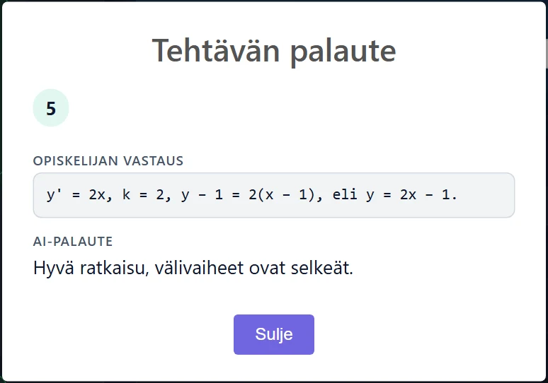 Pistemäärää klikkaamalla: Tehtävän palaute -ikkuna, jossa pisteet, opiskelijan vastaus ja AI-palaute.
