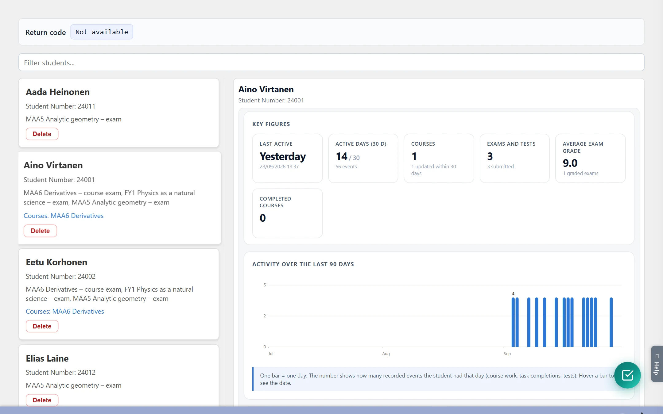 Students: the filter field, the student cards and the overview of the selected student side by side.