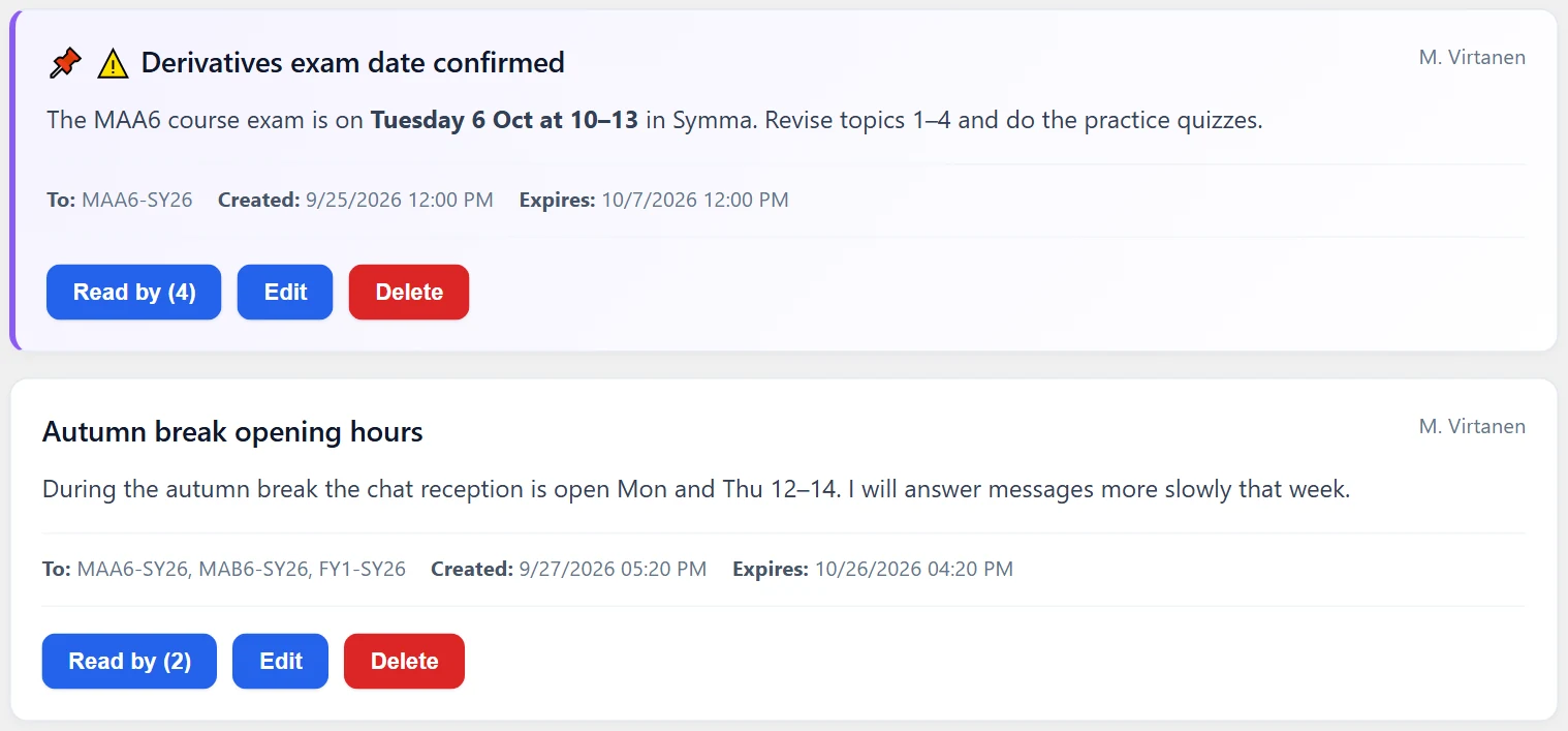 The group message list: pinned/important labels, recipients, expiry date and the number of read receipts.
