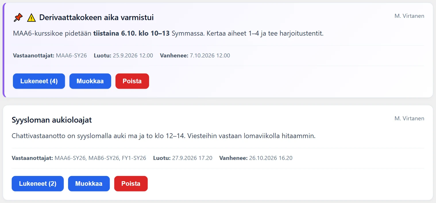 Ryhmäviestilista: kiinnitys/tärkeä-merkinnät, vastaanottajat, vanhenemispäivä ja lukukuittausten määrä.