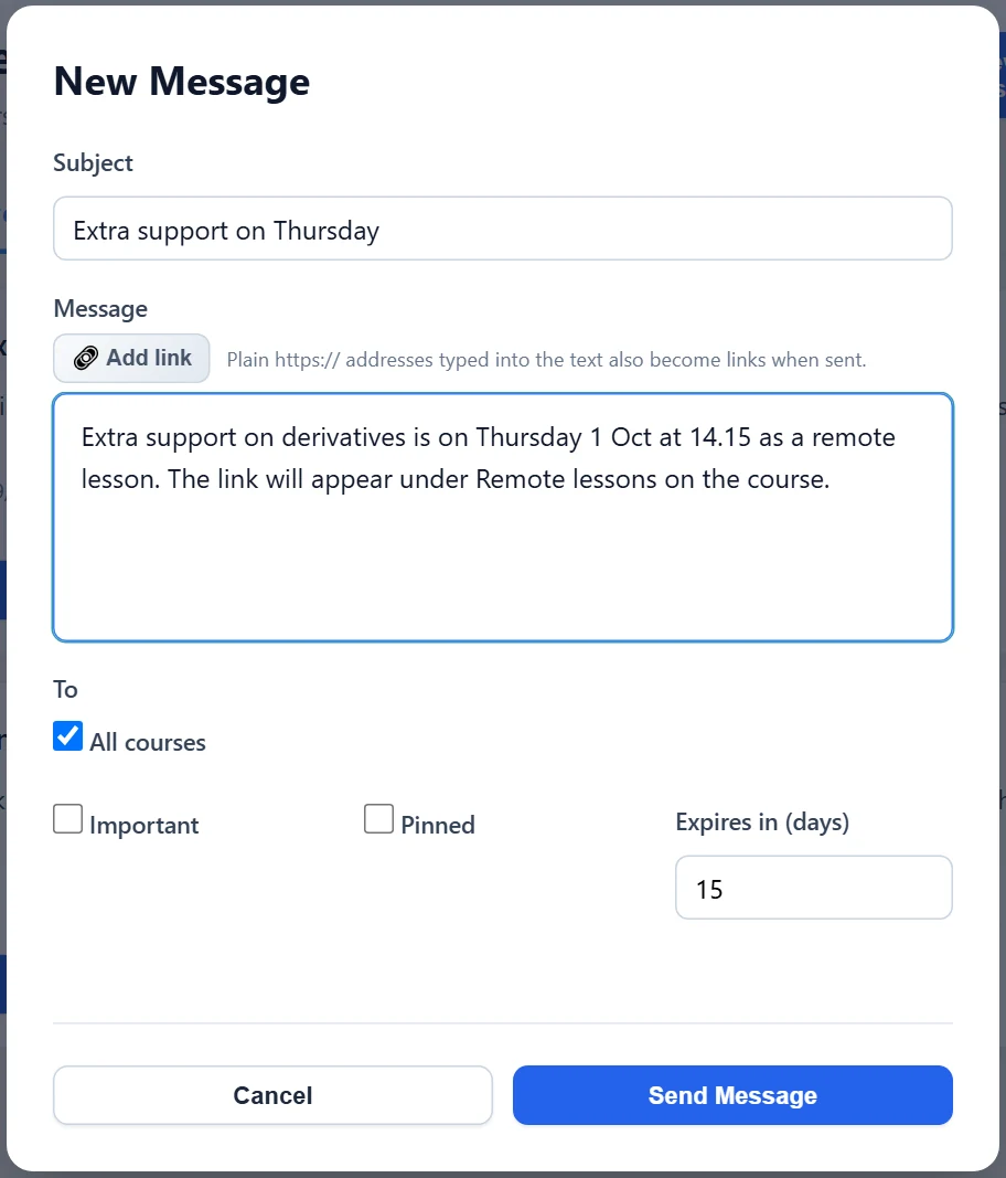 The group message form: subject, message, recipients, important/pinned and expiry.
