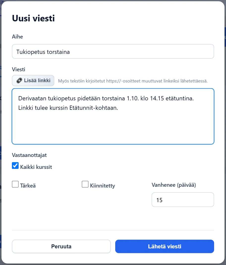 Ryhmäviestin lomake: aihe, viesti, vastaanottajat, tärkeä/kiinnitetty ja vanheneminen.