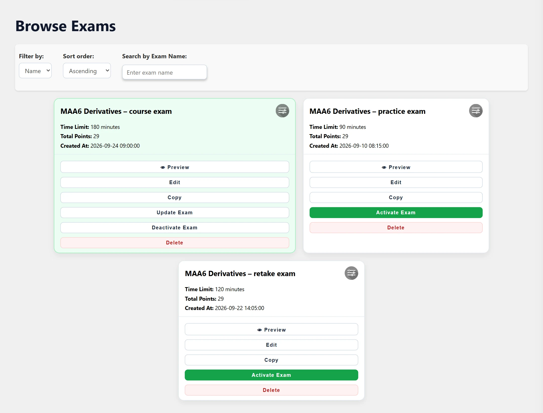 The exam catalogue: filtering, sorting and search, and the exam cards. The active exam (MAA6 Derivatives – course exam) has Update Exam and Deactivate Exam, the others Activate Exam. The settings icon (⚙) in the top right corner of a card opens the exam details.
