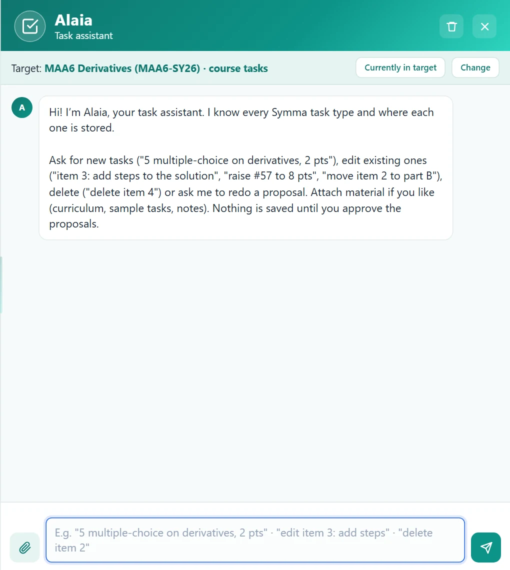 The task assistant panel opened from a course page: header, target bar (target: the MAA6 course tasks), Alaia's welcome message and the input field.