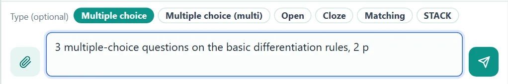 The type buttons appear when more than one task type fits the target (e.g. the quiz question bank).