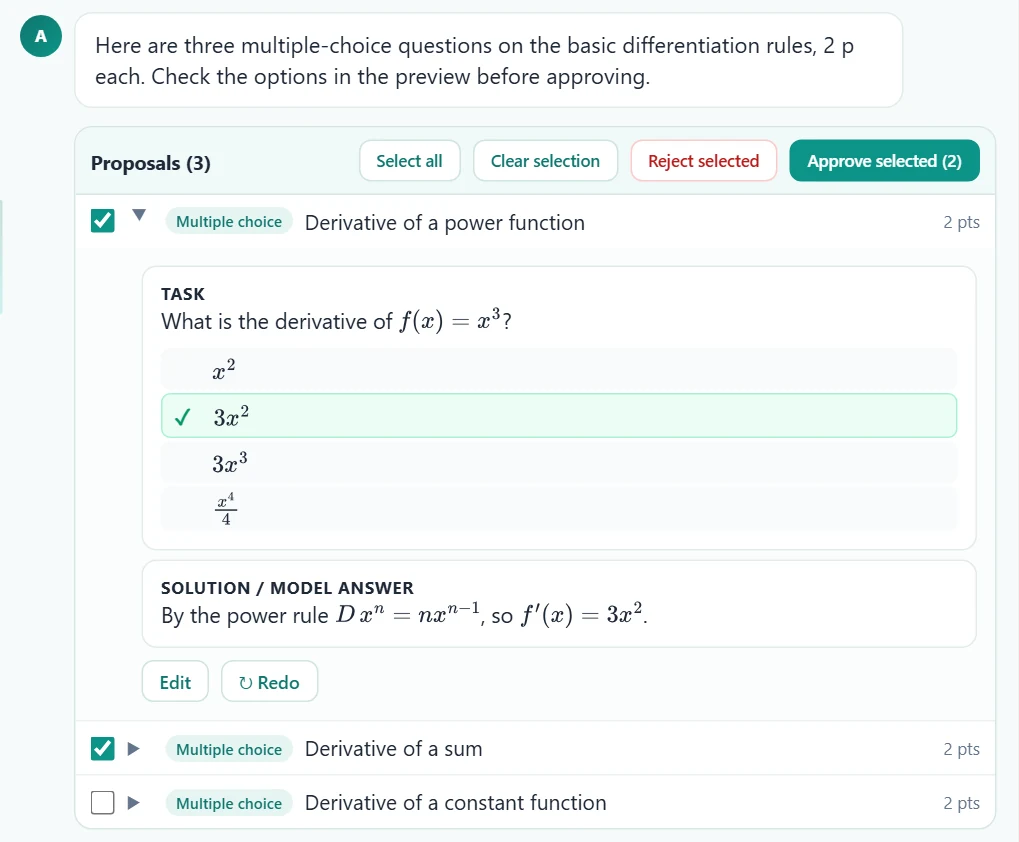 The approval list: click a row to see the task and solution, tick the ones to save and approve.