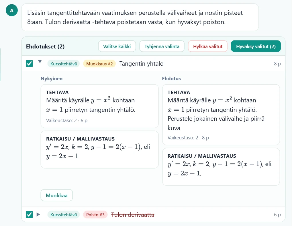 Muutosehdotus näyttää nykyisen version ja ehdotuksen vierekkäin; poistoehdotus on merkitty punaisella.