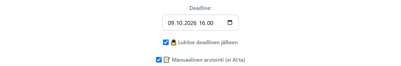 Sama valintaruutu ohjaa, kuka tarkistaa: tyhjä = AI, valittu = opettaja.