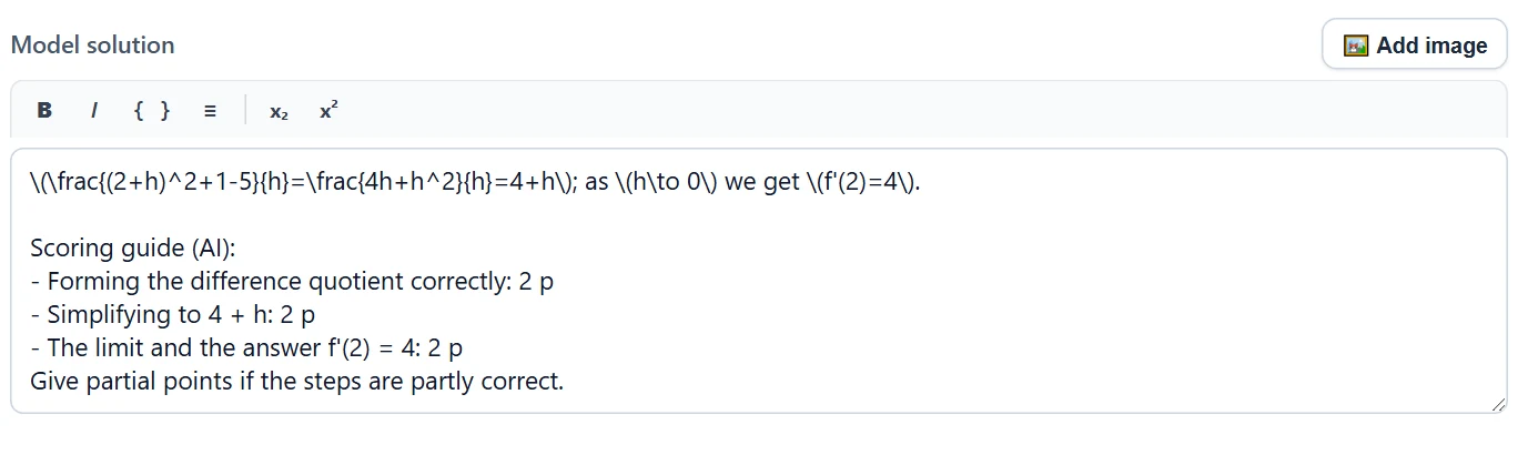 Example: scoring instructions added after the model solution, which the AI follows when awarding points.