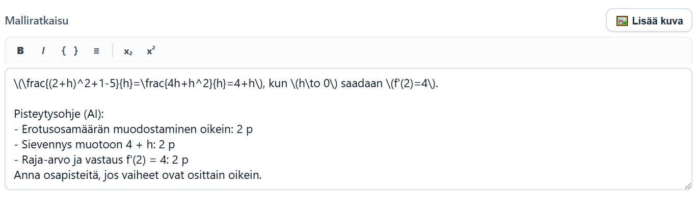 Esimerkki: malliratkaisun perään lisätty pisteytysohje, jonka mukaan AI jakaa pisteet.