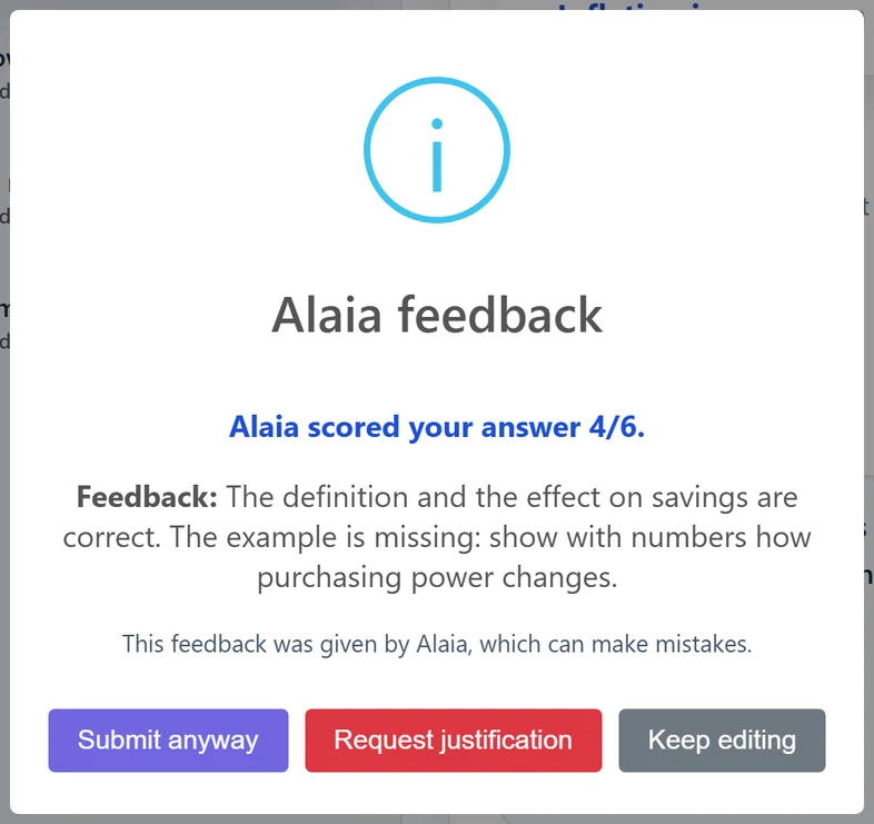 The student's AI feedback view: points, written feedback, disclaimer and three options (no “accept and send”).