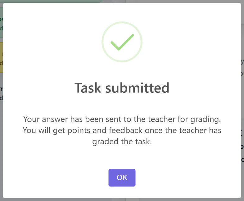 Without AI checking, submitting looks like this: just a confirmation, no points and no feedback.