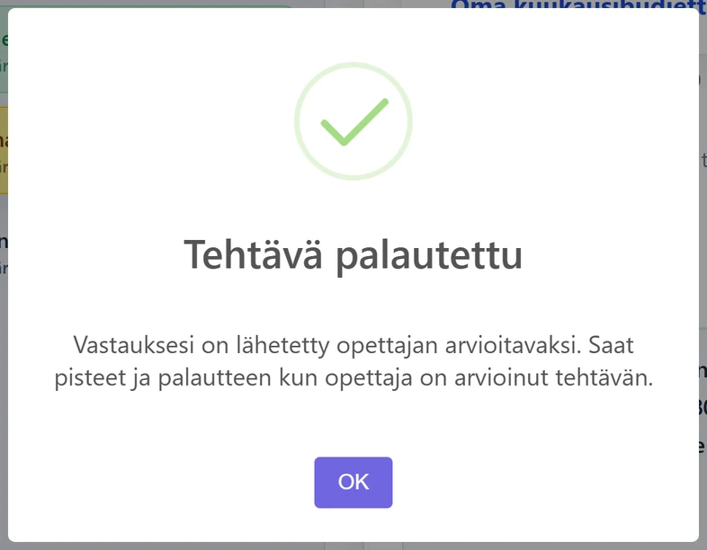 Ilman AI-tarkistusta palautus näyttää tältä: pelkkä vahvistus, ei pisteitä eikä palautetta.