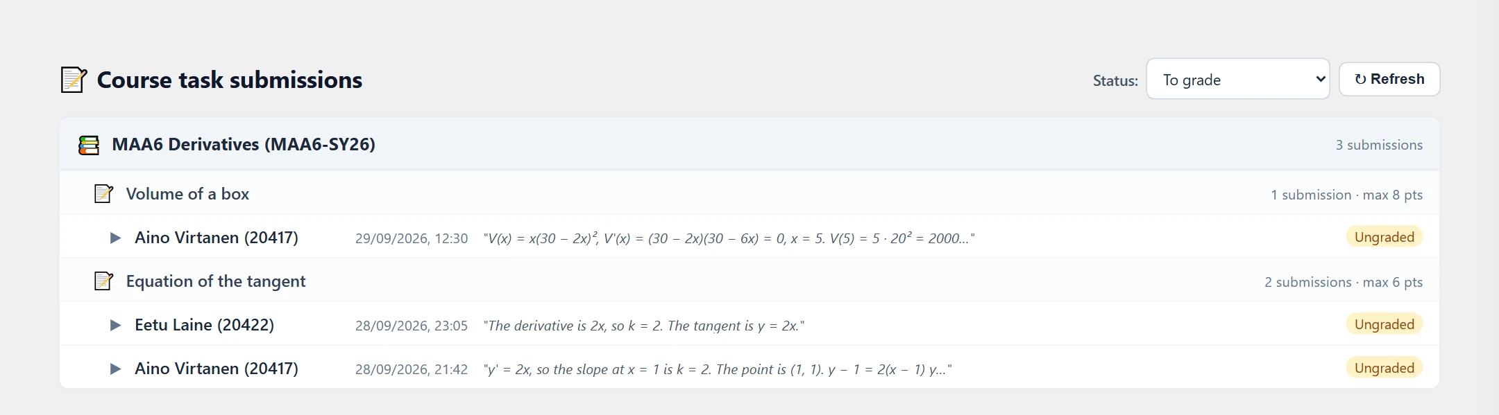 Answers checked manually are graded in the “Course task submissions” section.
