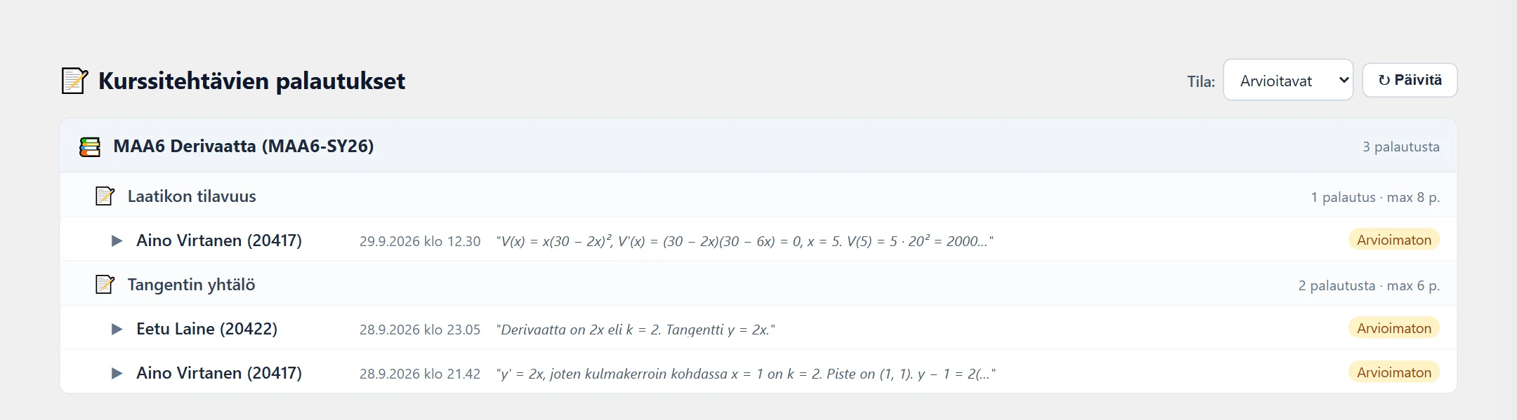 Manuaalisesti tarkistettavat vastaukset arvioidaan “Kurssitehtävien palautukset” -osiossa.