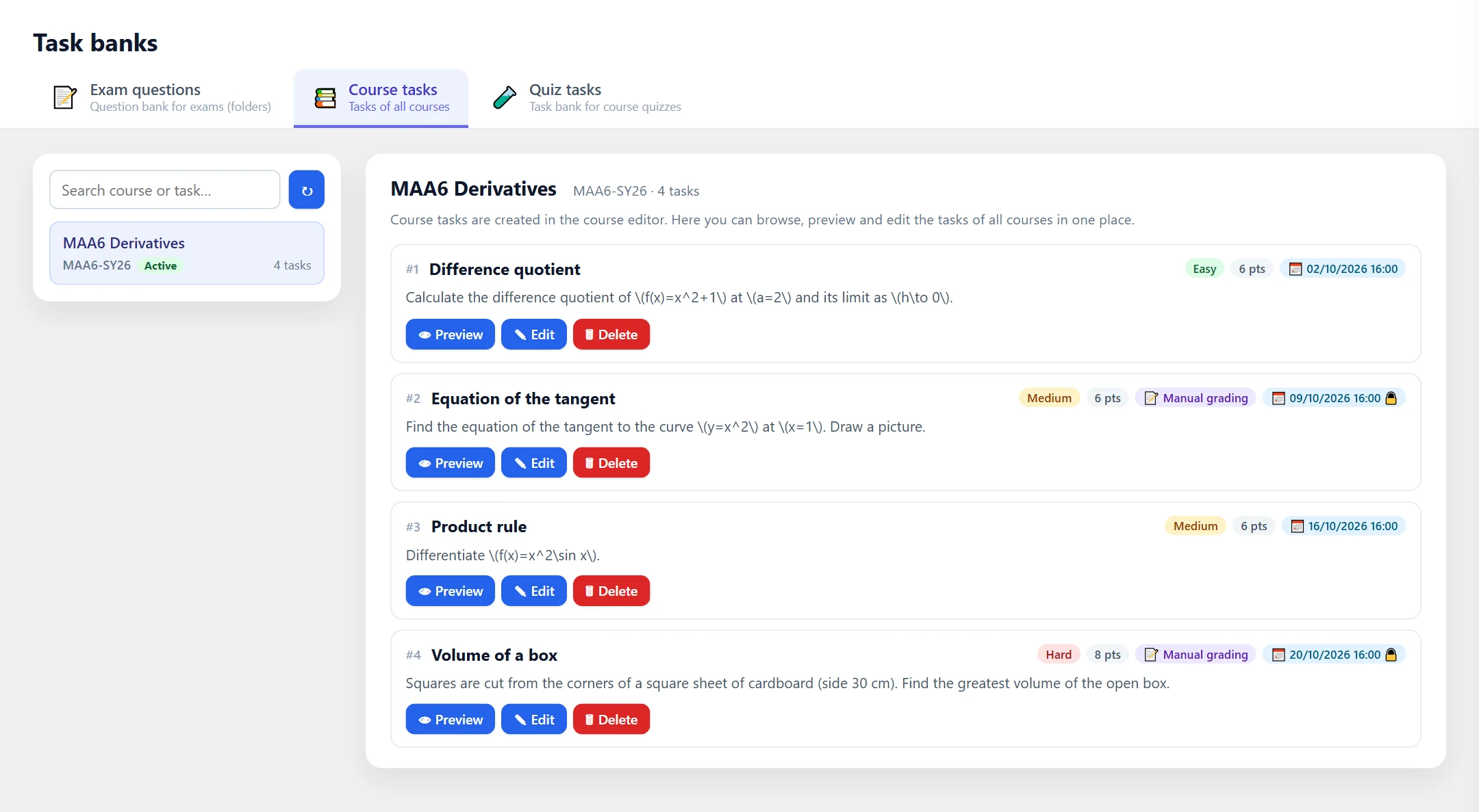 The Course tasks tab: courses and search on the left, the selected course's tasks with their labels on the right.