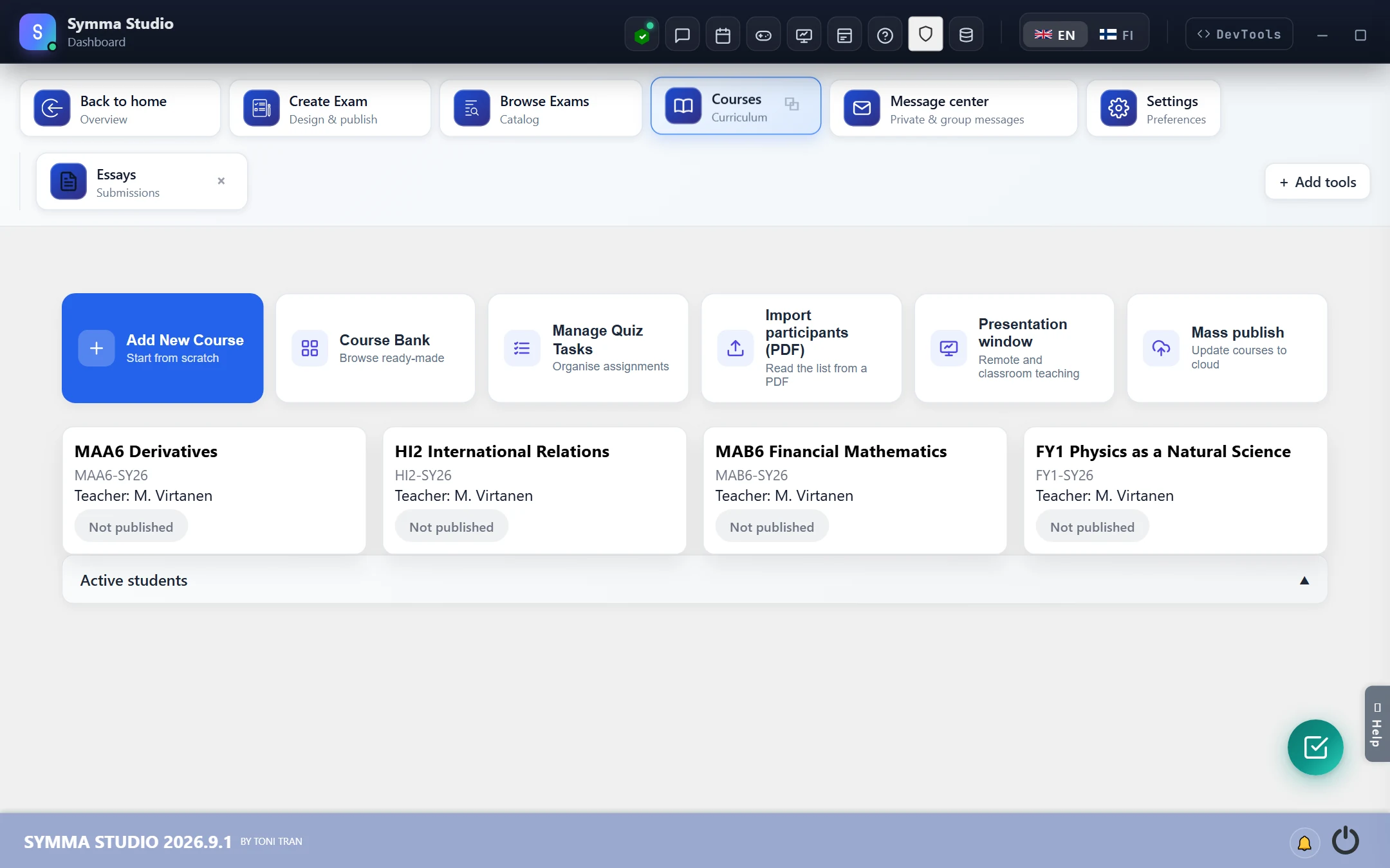 The desktop: top bar, navigation (core tools, pinned Essays and + Add tools), the Courses view in the content area with the Help tab on the right, and the bottom bar.