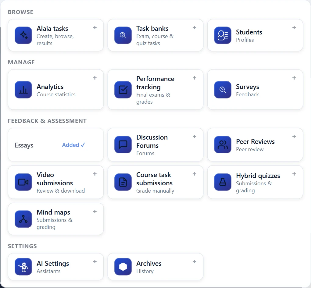 The + Add tools menu by group. A pinned tool (here Essays) shows “Added ✓”.