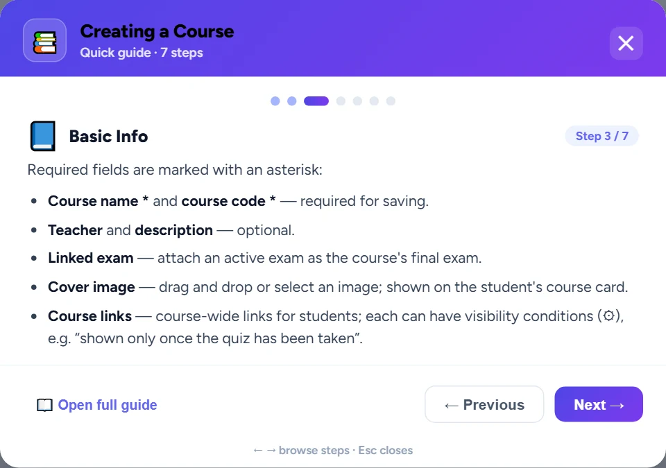 The quick guide for creating a course, step 3/7: step dots, the content of the step and navigation buttons.