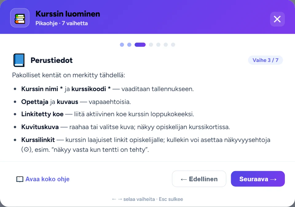 Kurssin luomisen pikaohje, vaihe 3/7: vaihepisteet, vaiheen sisältö ja selauspainikkeet.