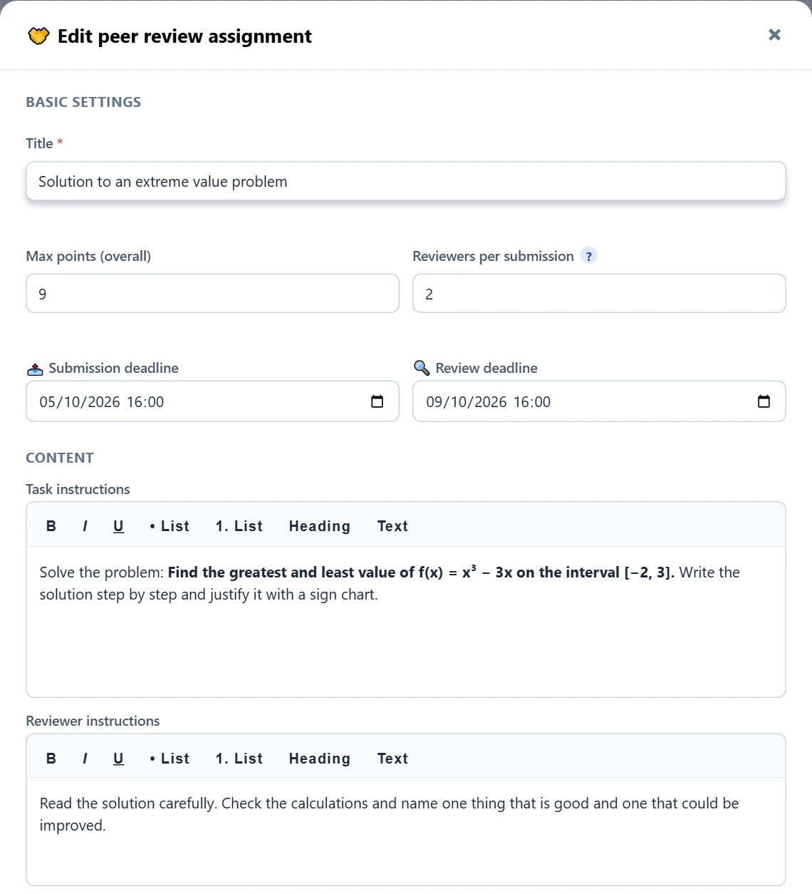 Basic settings and content: title, grading, max points, reviewers per submission, submission and review deadlines, task instructions and reviewer instructions.