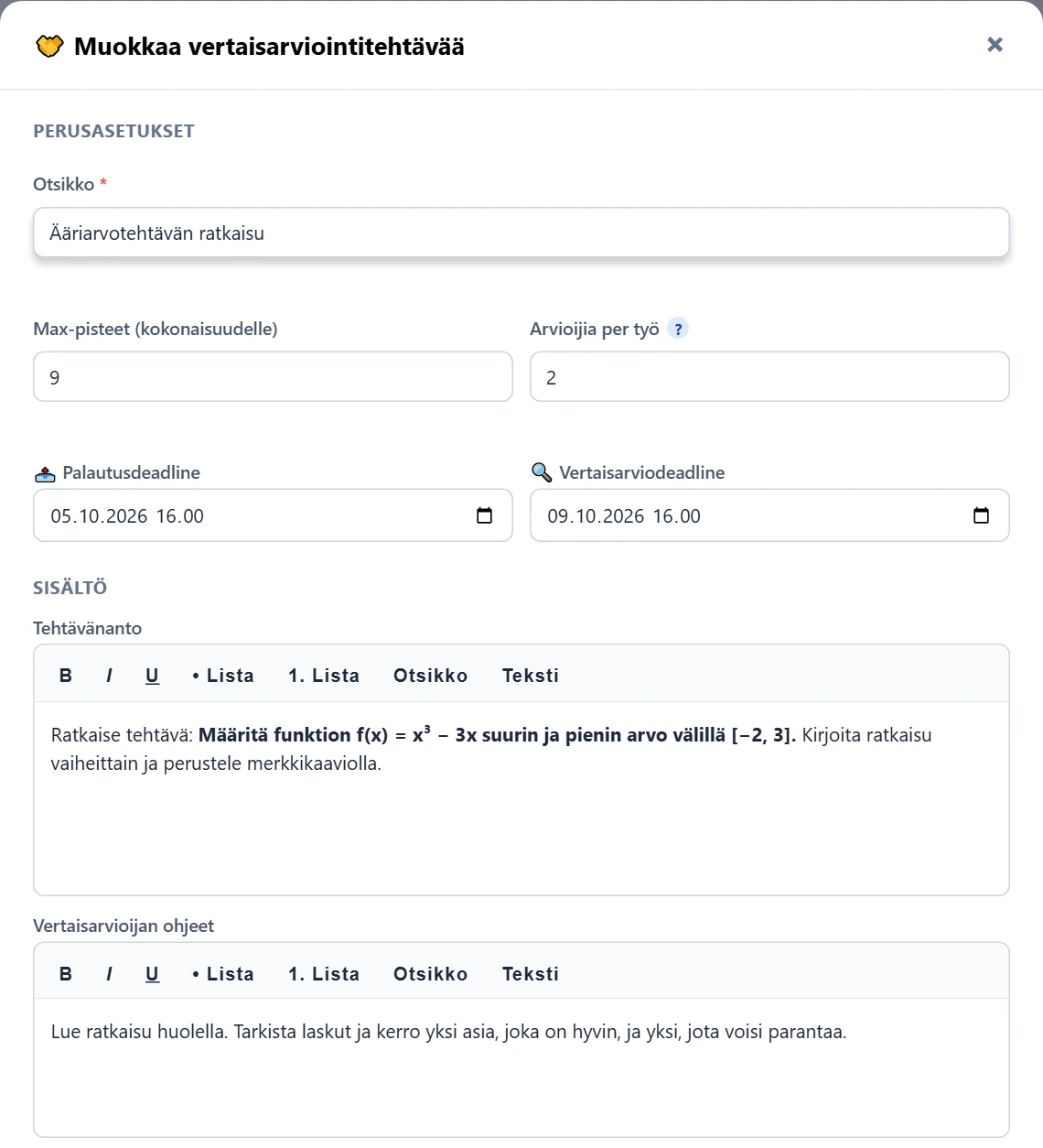 Perusasetukset ja sisältö: otsikko, arviointitapa, max-pisteet, arvioijia per työ, palautus- ja vertaisarviodeadline, tehtävänanto ja vertaisarvioijan ohjeet.