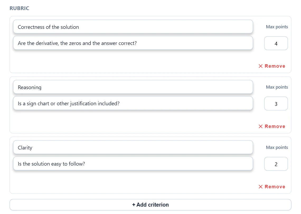 The rubric: three criteria, each with a title, a description and max points. “+ Add criterion” adds a row, “Remove” removes one.