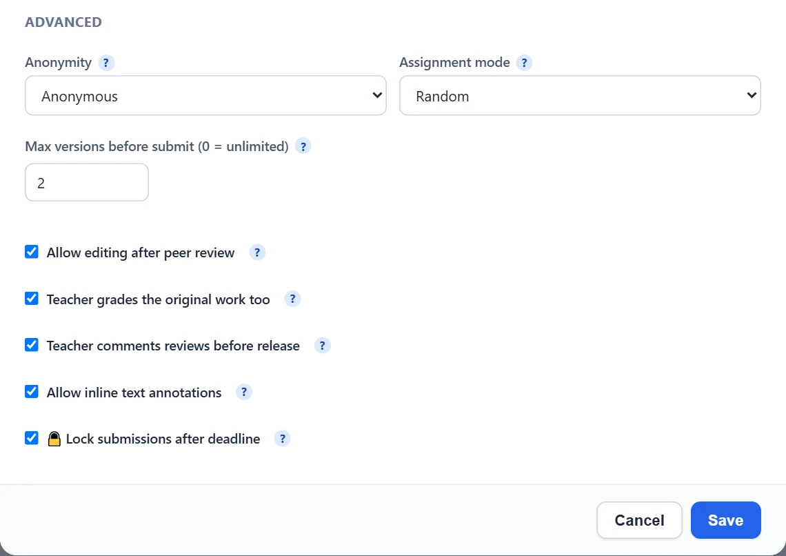 Advanced: anonymity, assignment mode, max versions and the process rules; Cancel and Save at the bottom.
