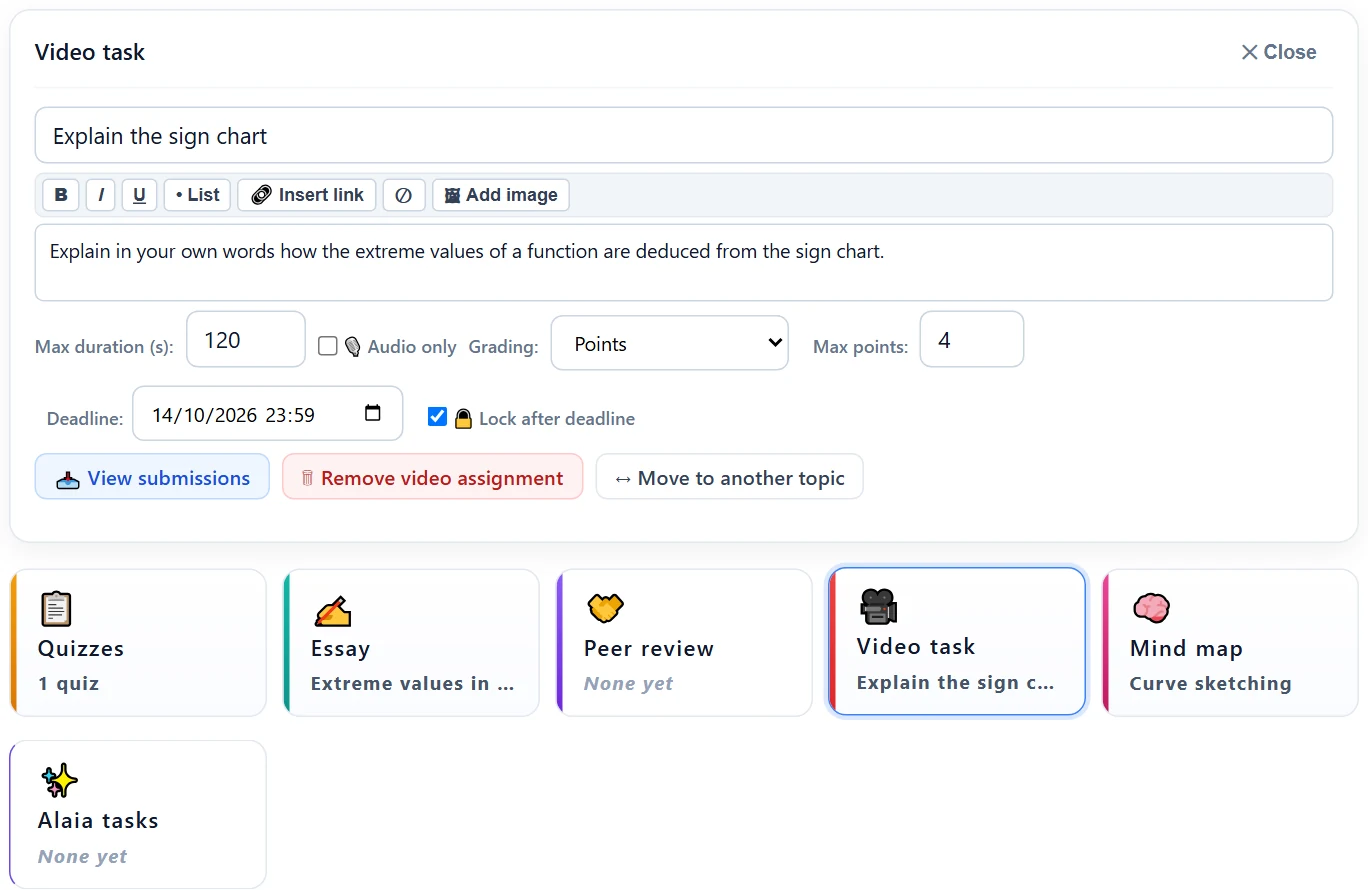 A video task in the topic Extreme values: title, instructions, max duration, audio only, grading and max points, deadline and lock, plus View submissions, remove and move.