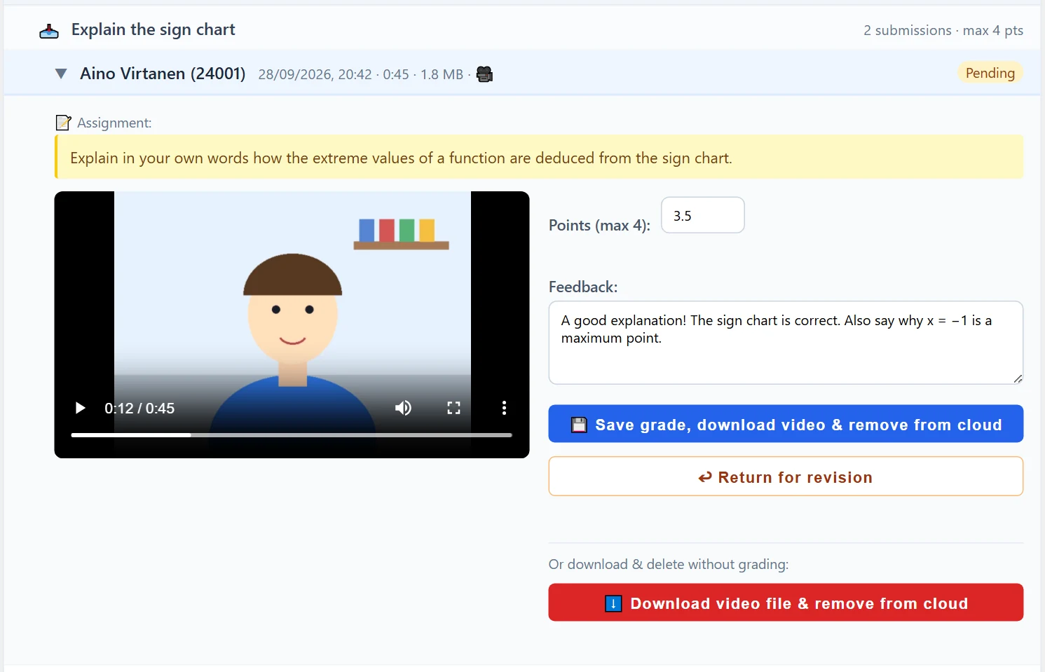 An opened submission: the assignment, the player on the left, points and feedback on the right. For an audio answer the player is an audio player.