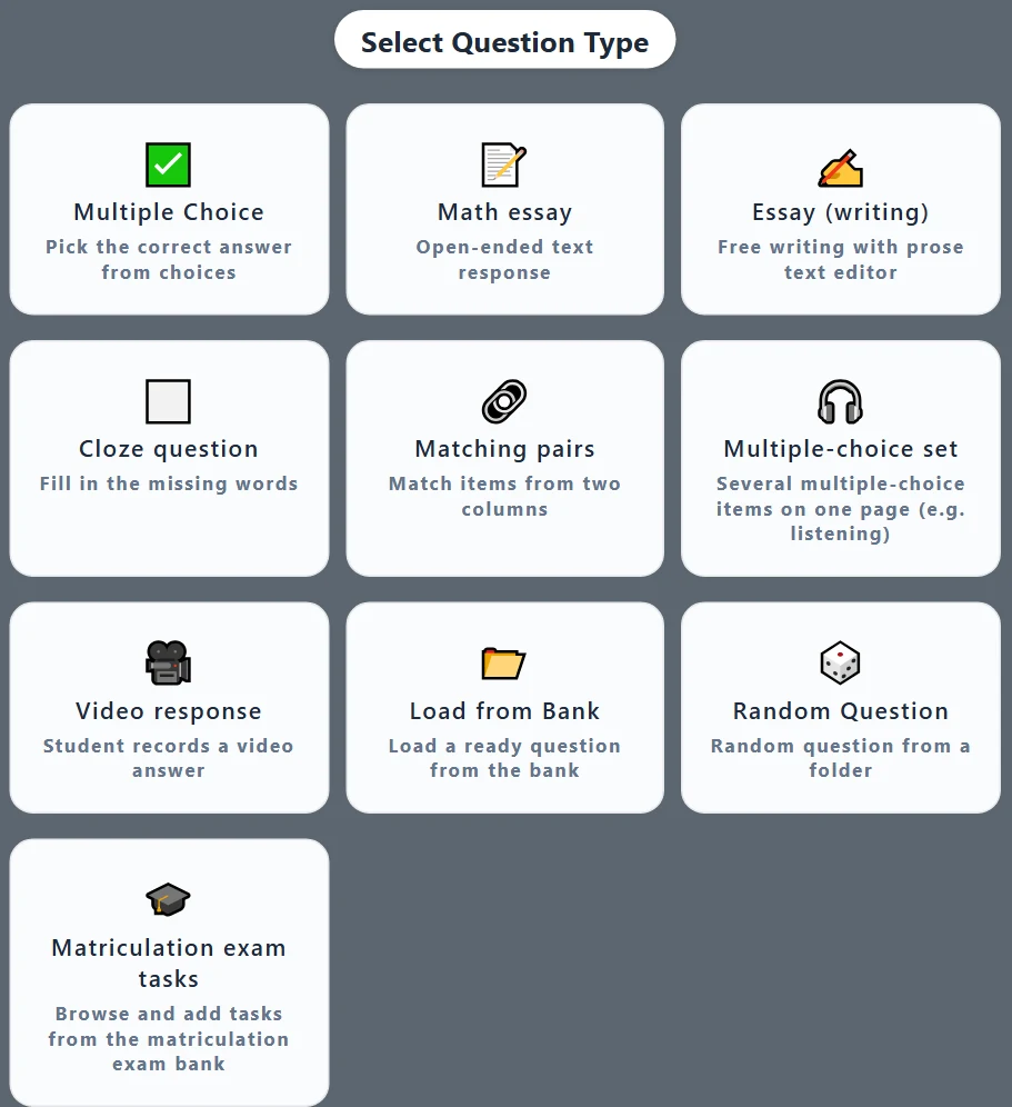 The question type menu of the exam editor (excerpt): the Matriculation exam tasks card is the last one in the menu.