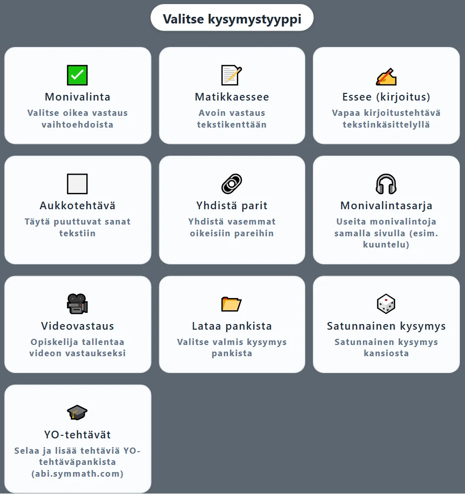 Kokeen editorin kysymystyyppivalikko (ote): YO-tehtävät-kortti on valikon viimeisenä.