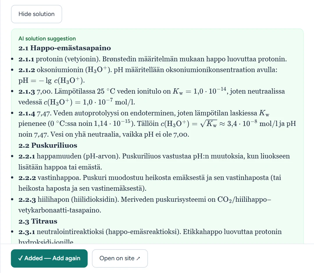 Preview of a chemistry task with the solution open (here an AI solution suggestion), scrolled to the solution. After adding, the button changes to “✓ Added — Add again”.