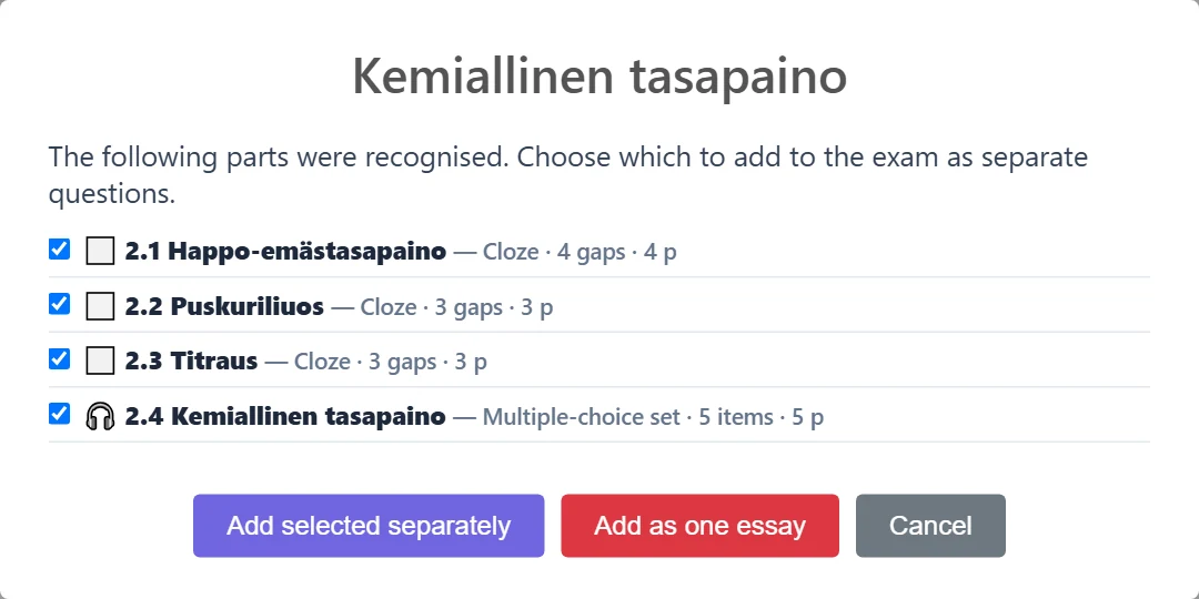 The splitting dialog for a chemistry task: three cloze parts and a multiple-choice set, all ticked. If the app cannot work out the correct answer from the solution, a yellow ⚠ warning appears under that part.