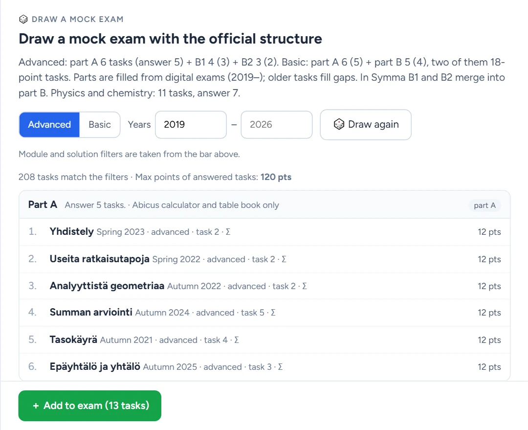 The draw panel (advanced mathematics, years from 2019): the structure description, the number of tasks matching the filters and the drawn part A tasks; parts B1 and B2 continue further down.